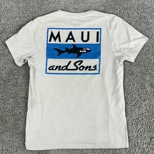Maui & Sons Shirt Mens Medium Beige Blue Short Sleeve Cotton Blend Casual FLAW